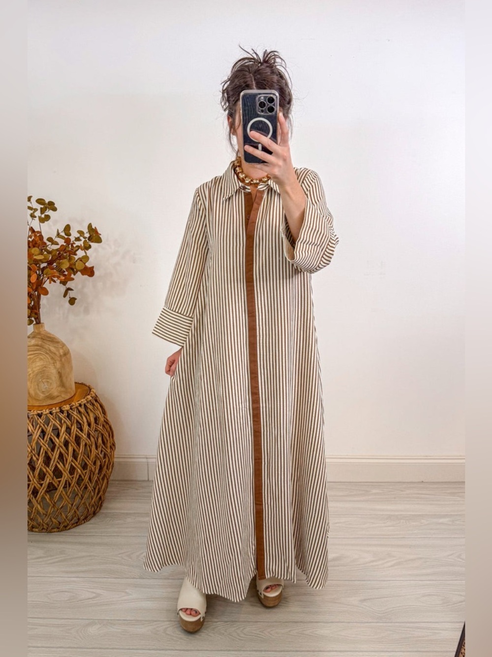 NEW Entro Striped Maxi Shirt Dress in Ivory and Caramel - Size Large